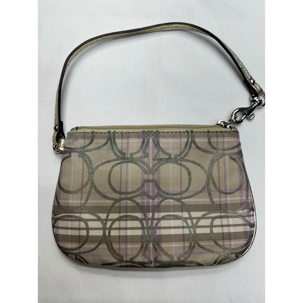 Coach Y2K Plaid Signature C Wristlet Purple Gold Metallic Trim Mini Pouch
